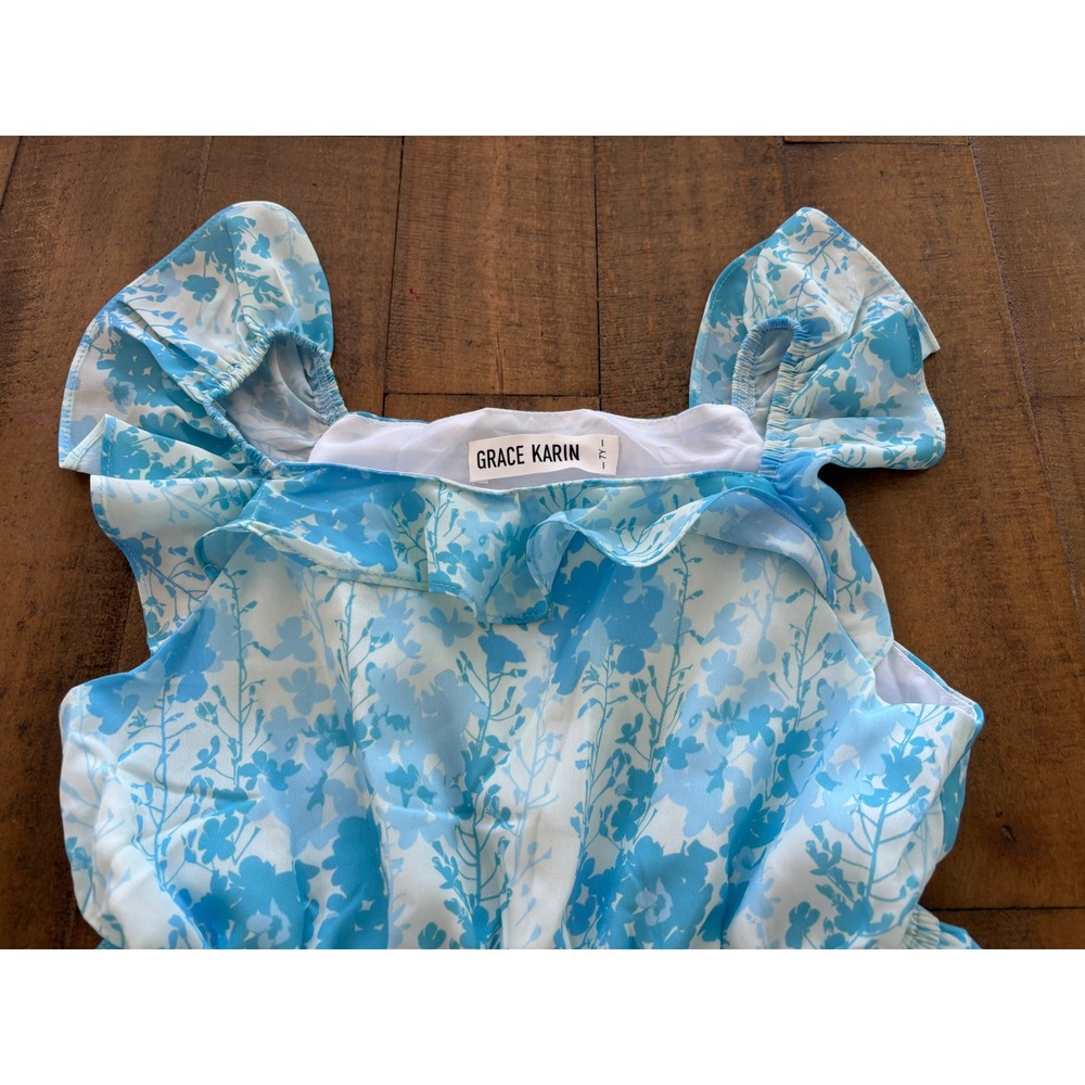 Grace Karin Girls Blue White Floral Tiered Ruffle Dress Size 7Y Summer Party - Picture 3 of 4